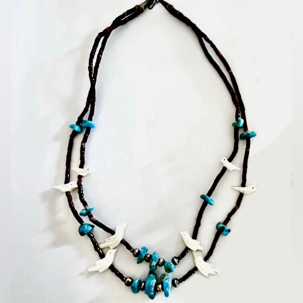 Zuni, Vntg Heishi / Navajo Pearls / MoP Bird Fetish/ Ajax Turquoise 20” Necklace